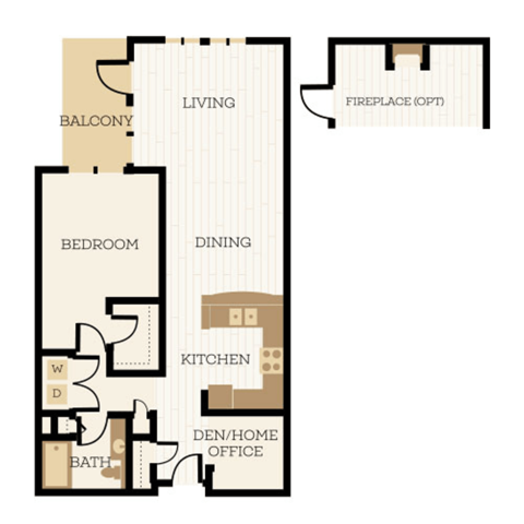 Floor plan for 1 bed, 1 bath, 959 sqft